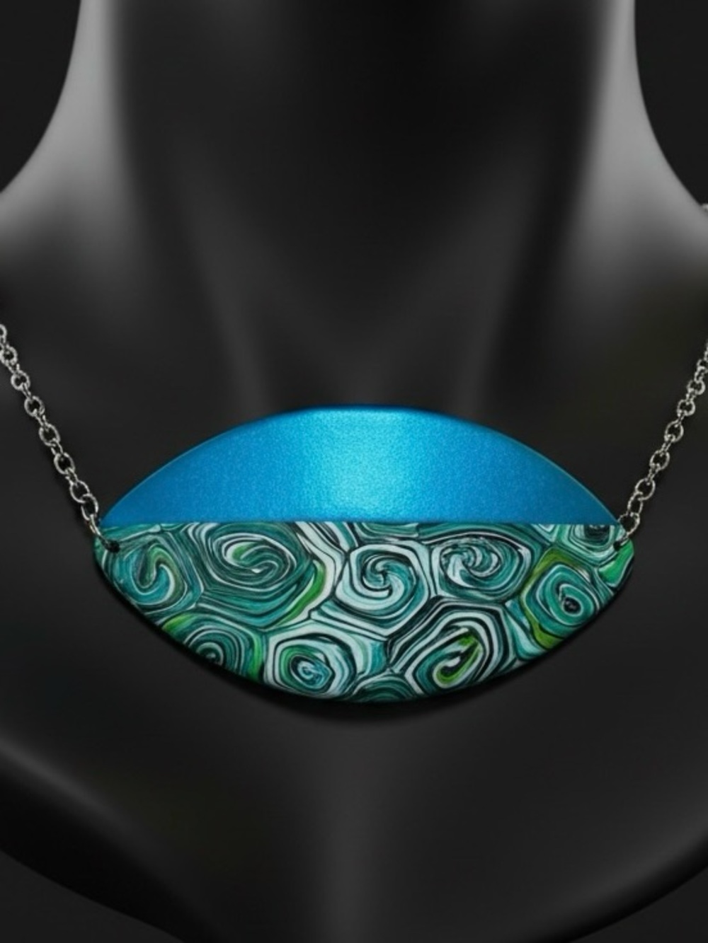 Handmade Large Bright Blue & Green Polymer Clay Pendant Necklace SS Cable Chain